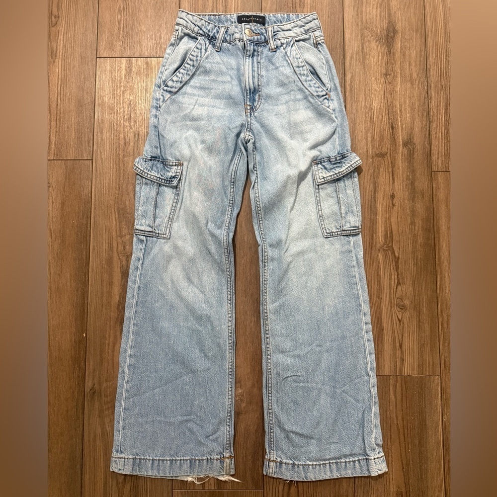 Aéropostale High Rise Wide Leg Cargo Jeans Light Wash | Women’s 000
